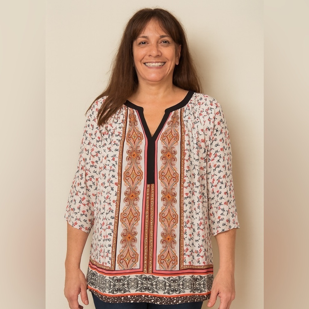 Daniel Rainn DR2‎ | Small | Floral Damask Print Tassel Tie V-Neck Peasant Blouse